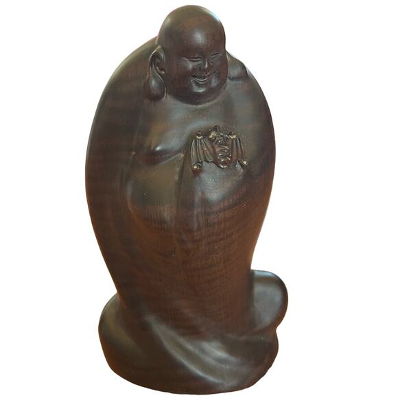 Handcarved 7" Sandalwood Chinese Budai/Laughing Buddha Maitreya with Bat - Picture 2 of 8